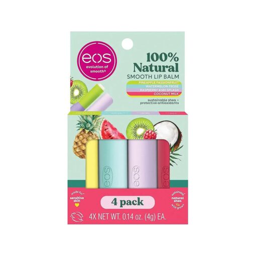 eos 100 % Natural Lip Balms- Coconut Milk, Pineapple Passionfruit, Watermelon Frose & Raspberry Kiwi Splash, All-Day Moisture Lip Care, 0.14 oz, 4-Pack