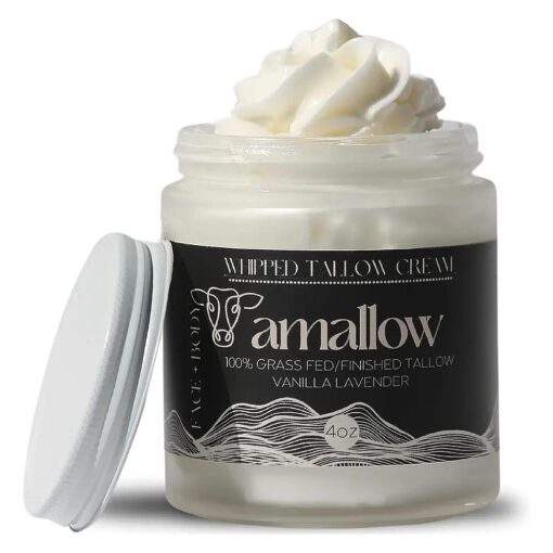 100 % Grass Fed Beef Tallow for Skin Care - Face + Body - Whipped Moisturizer - 100 % Natural Lotion, 4 FL, oz, ( Vanilla Lavender )