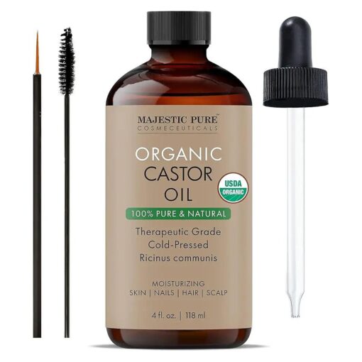 MAJESTIC PURE Castor Oil | USDA Certified Organic |100 % Pure & Hexane Free | Cold Pressed | Growth for Eyelashes, Eyebrows, Hair | With Eyebrow & Eyelash Brush | 4fl oz