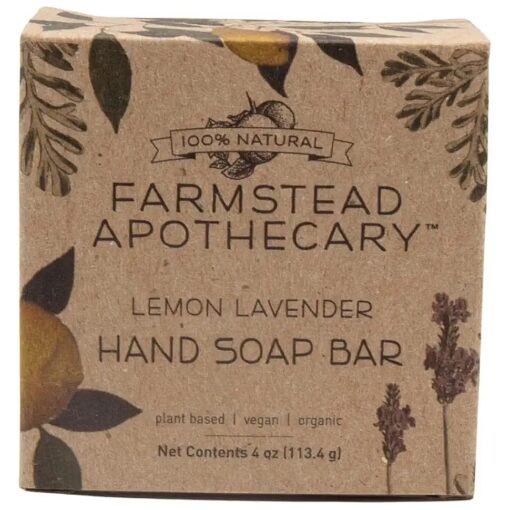 Farmstead Apothecary 100 % Plant Based Hand Soap with Organic Coconut Oil & Organic Vitamin E Oil ( Lemon Lavender Plastic Free Bar, 1 pack )