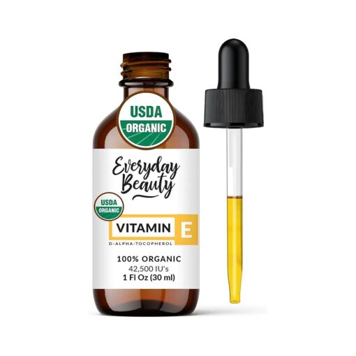 100 % Organic Vitamin E Oil - D-Alpha Tocopherol USDA Certified 100 % Organic - Pure and Natural 1 Fl Oz 42,500 IU - For Face, Skin and Nails - Reduce Wrinkles, Anti Aging, Lighten Dark Spots