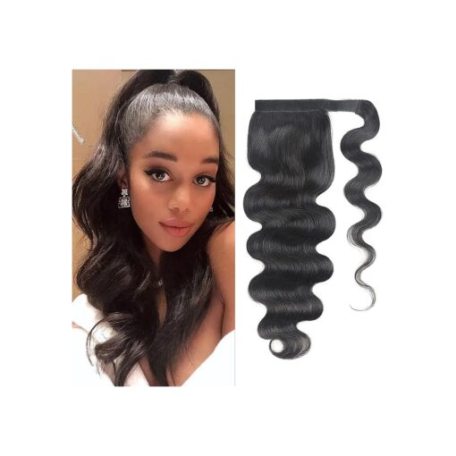 Ponytail Extension Human Hair Body Wave Ponytail with Magic Paste Warp Around 100 % Brazilian Virgin Human Hair Ponytail for Black Women Natural Color ( 16 Inch, Body Wave Ponytail )