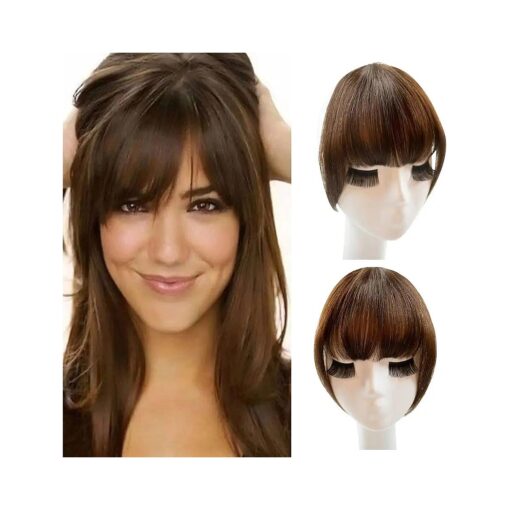 Bangs Hair Clip in Bangs 100 % Real Human Hair Extensions Wispy Bangs with Temples Hairpieces for Women Clip on Neat Bangs Curved Bangs for Daily Wear ( French, Medium Brown )