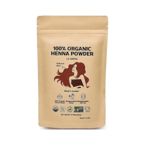 100 % Organic USDA Henna Powder For Hair Dye - Natural Hair Color, Best For Hair, Soft Shiny & Healthy Hair, No Chemical or Additive, Including application gloves & hair cap - LA GREEN 100g