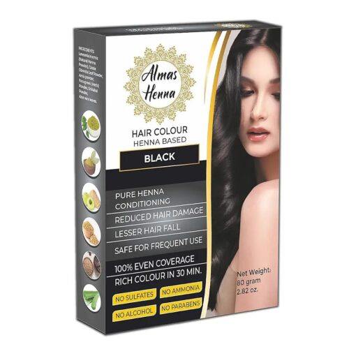 ALMAS HENNA 80 GRAM Hair Color 100 % Organic Henna Powder Infused with Goodness of Herbs, Natural Henna Hair Color For Soft Shiny Hair, henna hair dye ( 2.82 OUNCE, BLACK )