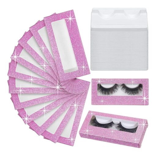 100 Pieces Empty Eyelash Case Set, 50 Empty Eyelash Boxes Lash Box Packaging Glitter Paper Eyelash Storage Box, 50 Empty Eyelash Boxes Tray False Eyelash Storage Box Packing Eyelash Lid Tray ( Pink )