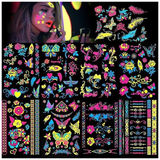 HOWAF 9 Large Sheets Neon Glow in The Dark Temporary Tattoos,100+ Assorted Designs Glow UV Neon Body Face Flowers Butterfly Flash Fake Waterproof Tattoo Stickers for Women Men Girls Body Art