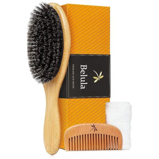 Belula 100 % Boar Bristle Hair Brush Set ( Medium ), Soft Natural Bristles for Thin and Fine Hair, Restore Shine And Texture, Wooden Comb, Travel Bag and Spa Headband Included !