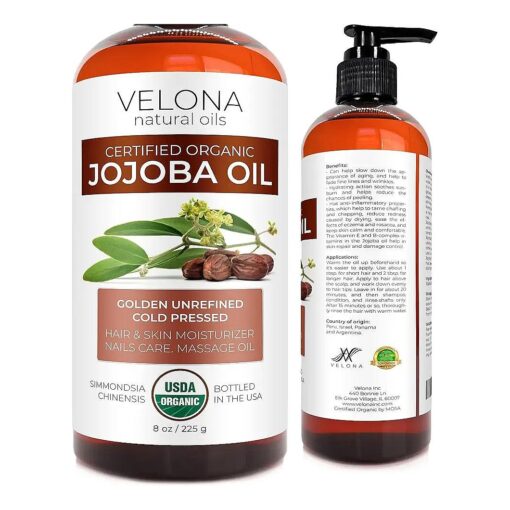 velona Organic Jojoba Oil 8 oz - 100 % Pure, Unrefined Cold Pressed for Face, Hair, Body, Acne Prone Skin Care, Stretch Marks & Cuticles ( With Pump )