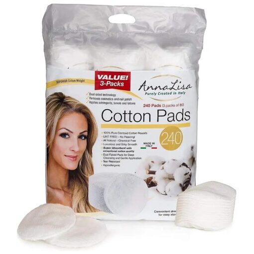 AnnaLisa 100 % Pure Combed Cotton Rounds 3 Packs of 80 Hypoallergenic & Absorbing Cotton Pads for Face/Makeup/Nail Polish Removal |240-Piece Italian Round Facial Cleansing|