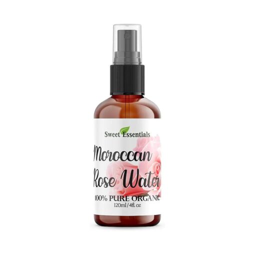 Premium Organic Moroccan Rose Water - 4oz Glass Bottle - Imported From Morocco - 100 % Pure ( Food Grade ) Perfect for Reviving, Hydrating and Rejuvenating Your Face and Neck - By Sweet Essentials