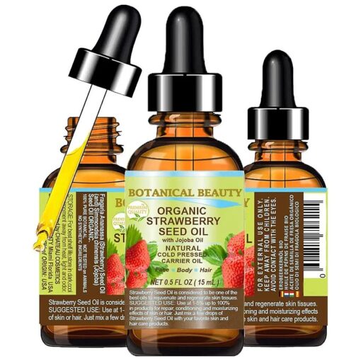 ORGANIC STRAWBERRY SEED OIL 100 % Pure Natural Moisturizer, Cold Pressed Carrier oil, 0.5 Fl.oz.- 15 ml, For Face, Skin, Hair, Lip, Nails, Rich in Omega-3, Vitamin C, Vitamin E by Botanical Beauty