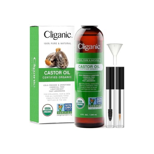 Cliganic USDA Organic Castor Oil, 100 % Pure ( 8oz with Eyelash Kit ) - For Eyelashes, Eyebrows, Hair & Skin | Natural Cold Pressed Unrefined Hexane-Free