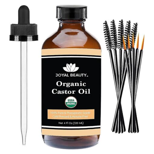 JOYAL BEAUTY Castor Oil USDA Certified Organic ( 4oz ), 100 % Pure Cold Pressed Unrefined Hexane Free Glass Bottle, Hair Eyelashes Eyebrows Lash Serum, For Face, Skin, Body, Belly Button, Free Mascara