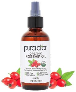 PURA D'OR 4 Oz ORGANIC Rosehip Seed Oil Hair Relaxer 100 % Pure Cold Pressed USDA Certified All Natural Moisturizer For Anti-Aging, Acne Scar Treatment, Gua Sha Massage, Face, Hair & Skin - Women & Men