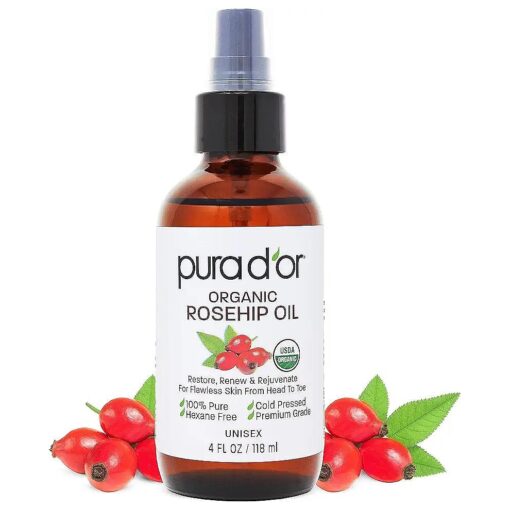 PURA D'OR 4 Oz ORGANIC Rosehip Seed Oil Hair Relaxer 100 % Pure Cold Pressed USDA Certified All Natural Moisturizer For Anti-Aging, Acne Scar Treatment, Gua Sha Massage, Face, Hair & Skin - Women & Men