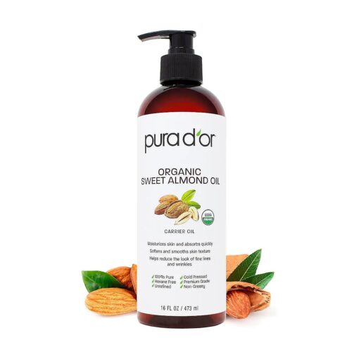 PURA D'OR 100 % Pure 16Oz Organic Sweet Almond Oil - USDA Certified Massage Oil For Massage Therapy - Hexane Free Cold Pressed Body Oil After Shower - DIY Facial, Skin, & Stretch Mark Oil