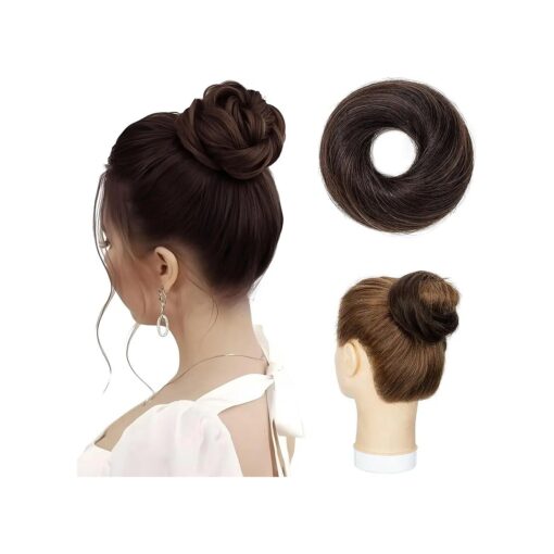 Hairro Real Hair Bun Hair Pieces 100 % Human Hair Messy Bun Up Do Scrunchies With Elastic Rubber Band Elegant Chignons Donot Ponytail Scrunchy Topknot Hairpiece For Women 1PC 23g # 02 Dark Brown