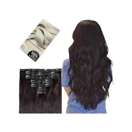 Elailite Clip in Human Hair Extensions, 125g 14 Inch 7pcs # 02 Dark Brown 100 Real Human Hair, Double Weft Handmade Soft Natural Straight Brazilian Virgin Remy Human Hair for Women