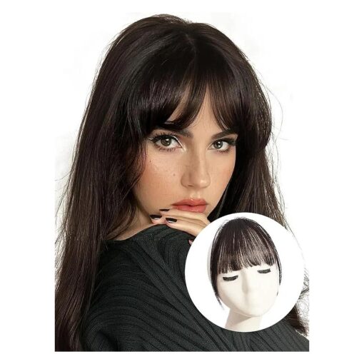 Clip in Bangs 100 % Real Human Hair French Fringe Bangs Natural Flat Neat Bangs with Temples Hairpieces for Women Air Bangs Hair Clip on Hair Extension for Daily Wear ( French Bangs, Dark Brown )