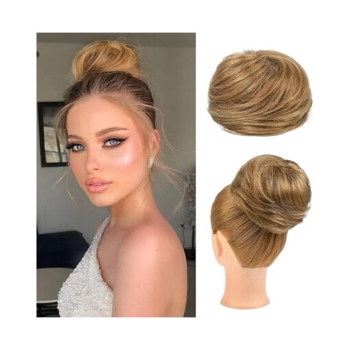 HOOJIH Messy Bun Hair Piece 100 % Real Human Hair Elastic Drawstring Hair Bun Hair Piece Extension Wavy Full Hair Bun Updo Hairpiece for Women - Medium Golden Blonde