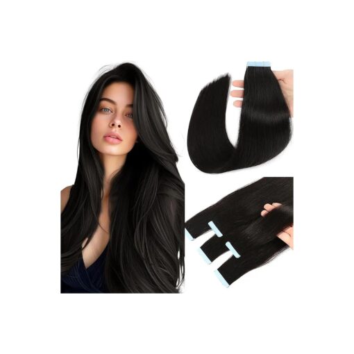 Tape in Hair Extensions Human Hair 100 % Remy Hair 20pcs 50g/Pack Straight Seamless Invisible Skin Weft Extensions Easy to Apply and Style ( # 1B Natural Black, 16 Inch )