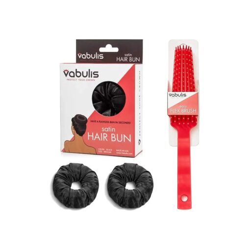 100 % Satin Hair Bun for Soft Comfortable Protects Your Ends & Helps Retain Moisture Easy to Style and Great for Military Ballet and Business ( 2 Medium Hair Bun- Jet Black ,1 Detangling Brush )