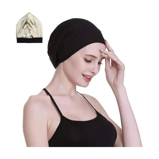 Silk Satin Lined Sleep Cap, Inner 19MM 100 % Mulberry Silk Outer Bamboo Viscose Nature Breathable for Hair