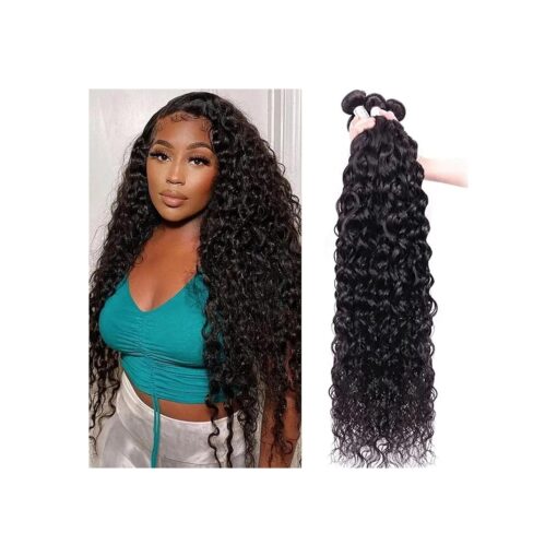 Water Wave 4 Bundles Human Hair 18 20 22 24 Inch 10A Brazilian Virgin Curly Human Hair Bundles Double Weft Deep Wave Bundles Natural Black Color Wet and Wavy Hair Extensions