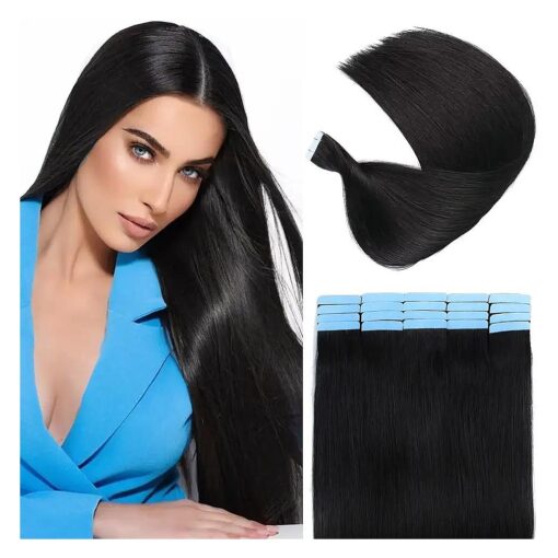 Tape In Hair Extensions Human Hair 20pcs Jet Black Hair Extensions 100 % Remy Virgin Human Hair Tape-in Hair Extensions Double Weft Straight Soft Hair No Tangles 12inch