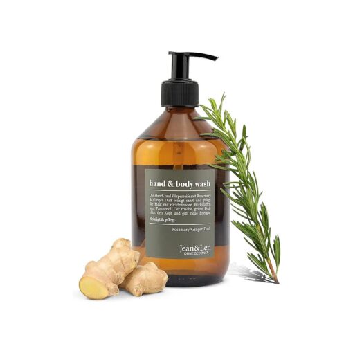 Jean & Len Hand & Body Wash Liquid, Spicy Fresh Scent Rosemary & Ginger, Hand and Body refillable Liquid, 100 % Vegan, Without silicones, parabens and microplastics 16.09 fl oz, 1 pc .