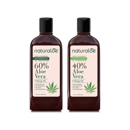 Heal & Nourish Shampoo + Conditioner - 100 % Vegan Formula Infused with Aloe Vera Gel + Hemp Oil, EcoFriendly, Cruelty Free, No Parabens, No Silicones, No Sulfates - 24 fl oz