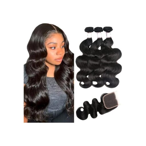 Body Wave Bundles with Closure Human Hair ( 14 16 18+12 ) 100 % Unprocessed Brazilian Body Wave Human Hair Bundles with 4x4 Lace Closure Free Part Natural Color ( Bundles with Closure )