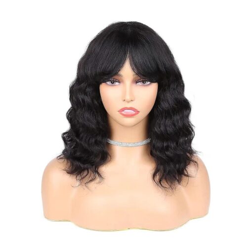 WIGNEE 100 % Virgin Human Hair Loose Deep Wave Wigs with Bangs Brazilian Human Hair Wave Wig for Women Natural Black ( 12 Inch )