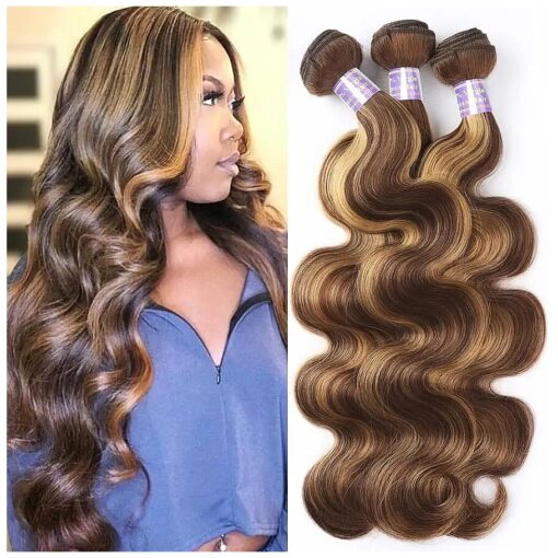 Allove Ombre Highlight Brazilian Hair Bundles Body Wave Human Hair Bundles, 3 Bundles 10a 100 % Virgin Human Hair Extensions Bundles Piano Color 4/27 ( 22 24 26inch )