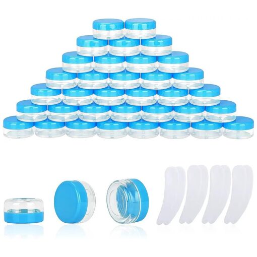 100PCS 10 Gram Sample Containers, 10ml Empty Jars with Lids, Small Cosmetic Containers, Mini Sample Jars with 8PCS Mini Spatulas for Make Up, Oils, Lotion, Powder, Paint, Jewelry, Lip Balms ( Blue Lid )