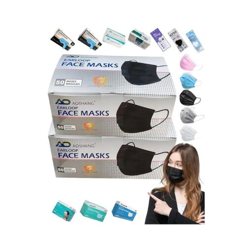 100PCS ( 2-Box ) Dark Black Disposable Earloop Face Masks for Adults,3-Ply Fabric ( 2-Layer Non-Woven,1-Layer Melt-Blown ) w. Nose Clip, Anti-Dust, Water Proof, Single General Use ( Other Color-Style Available )