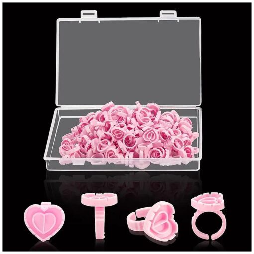 100PCS Disposable Glue Rings for Eyelash Extensions - Heart-Shaped Lash Fan Blossom Supplies with Storage Box - Perfect for Professional Beauty Salons and Individual Lash Techs - Pink