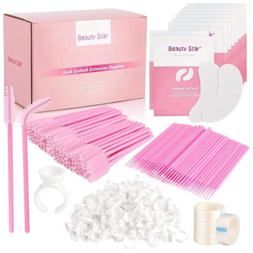 4x100 Lash Tech Stuff Supplies Kit, Beauty Star Eyelash Extension Supply Essentials, 100 Pairs Under Eye Gel Pads, 100 Mascara wands, 100 Micro Applicators Brush, 100 Glue Ring Holder, 4 Lashing Tape