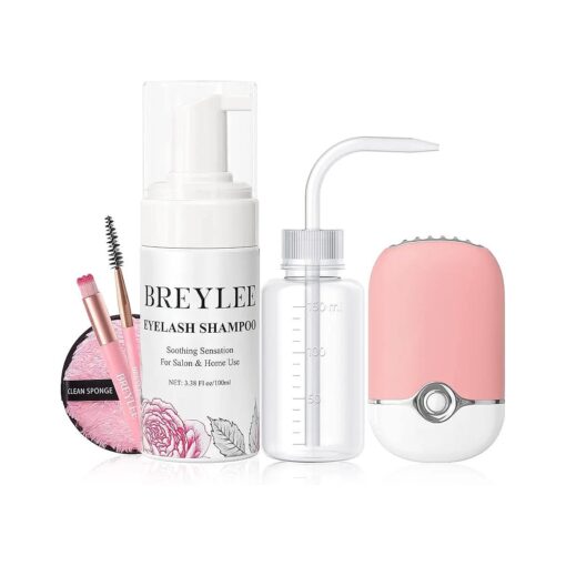 BREYLEE 100 ml Lash Shampoo for Lash Extensions, Lash Fan Dryer+Rinse Bottle+Brushes+Cotton Puff, Eyelash Extension Cleanser, Lash Bath Wash Soap Foam Cleaner for Salon and Home Use