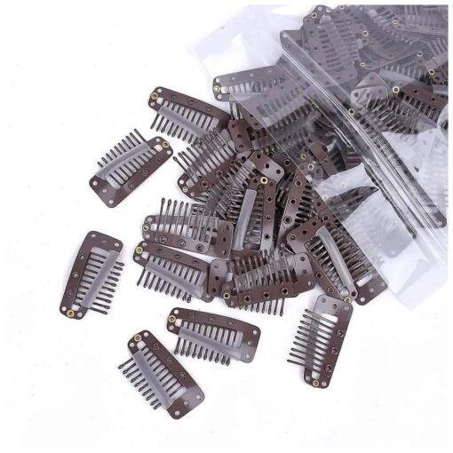 100pcs Hair Extension U-Shape Clips Snap Metal Clips With Silicone Back for Clip in Human Hair Extensions Hairpiece DIY Snap-Comb Wig Clip ( Brown, 10-Teeth 9 holes )