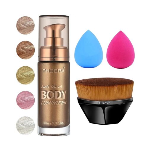 PHOERA Body Shimmer Oil, Waterproof Long Lasting Moisturizing Body Luminizer Glow Body Illuminator Highlighter for Face with Makup Bursh, 1oz/Jars ( 103 Glistening Bronze )