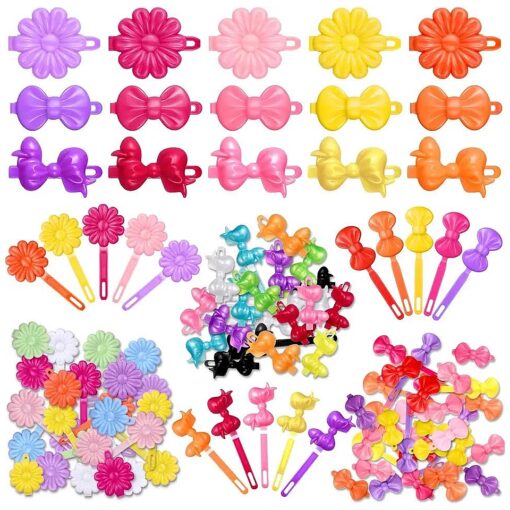 108 Pieces Self Hinge Hair Barrettes for Girls Plastic Hair Barrettes Baby Girl Barrettes 80s 90s Flower Bow Cartoon Design Hair Pins for Baby Girls Toddlers ( Cute Style )