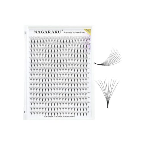 NAGARAKU Premade Fans Eyelash Extensions Thin Pointy Base 10D Volume Sharp Narrow Stem 0.07mm D curl 9-14mm Mix Clusters Russian Pre Fanned Fluffy Matte Black