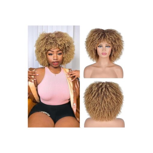 ANNISOUL 10Inch Short Curly Afro Wigs for Black Women Bomb Afro Kinky Curly Wig with Bangs Synthetic Fiber Full Wig ( Ombre Blonde )