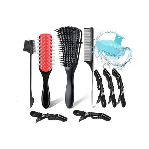 10PCS Detangling Brush Set for Curly Hair with 9 Row Cushion Nylon Bristle, Rat Tail Edge Brush Set Include scalp scrubber,5 black Hair Clips for Women Men, Wavy Natural Thick Thin Wet Dry Hair .