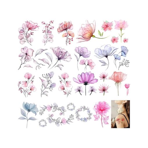 Flower Temporary Tattoos for Women Girls, 10Sheets Fake Watercolor Rose Lily Tattoo Stickers Waterproof Art for Face Body Arm Kids Birthday Party Favors Makeup Supplies Gifts