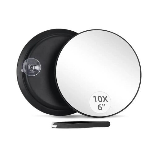 10X Magnifying Mirror with 3 Suction Cups - 6" Stick on Makeup Mirror with 10X Magnification, Magnified Makeup Mirror Portable Handheld Cosmetic Mirror and Tweezers Set for Travel, Makeup, Bathroom