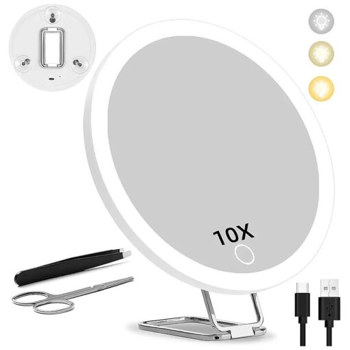 10X Magnifying Mirror with Lights, 6inch Lighted Magnifying Mirror with Suction Cups and Stand, Makeup Mirror with 10X Magnification Portable Travel Magnifying Mirror, 10X Magnified Mirror with Lights