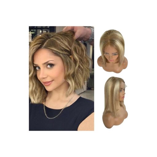 Blonde Bob Wig Human Hair 4x4 Lace Closure Wig Straight Bob Wigs # 8T18/60 Ash Brown to Blonde Highlights 150 % Density Human Hair Lace Front Wigs 10inch